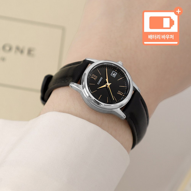 카시오 스몰사이즈 여성 학생 미네랄 글라스 드레스 생활방수 가죽 아날로그 손목시계 + 배터리 바우처