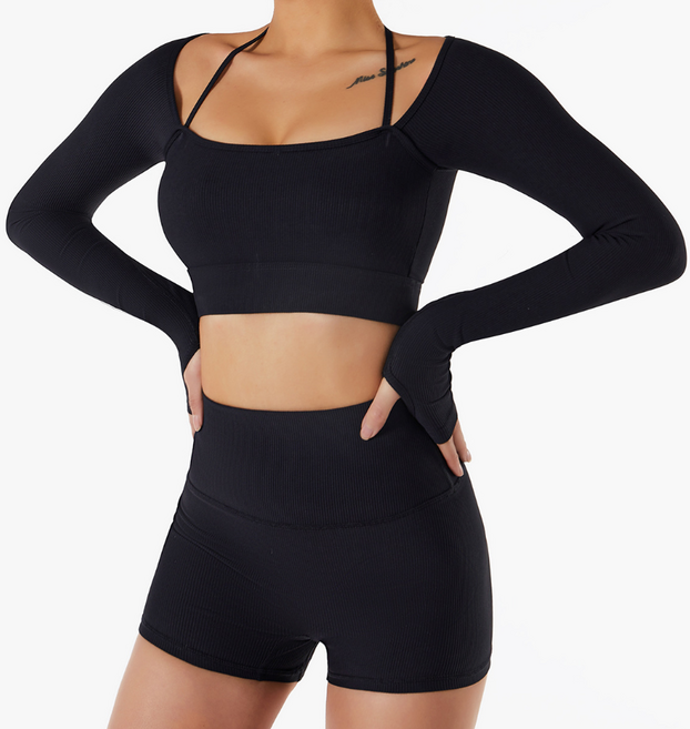 여성 요가 필라테스 피트니스 골지 긴팔 크롭탑 바프 의상