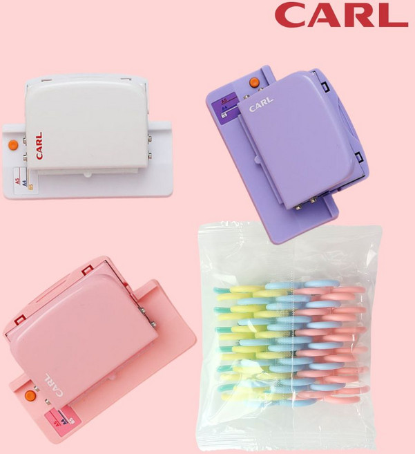 CARL 6공펀치 미니 타공기 30공 펀치기 파스텔 루즈링 세트, 핑크+6공루즈링10P