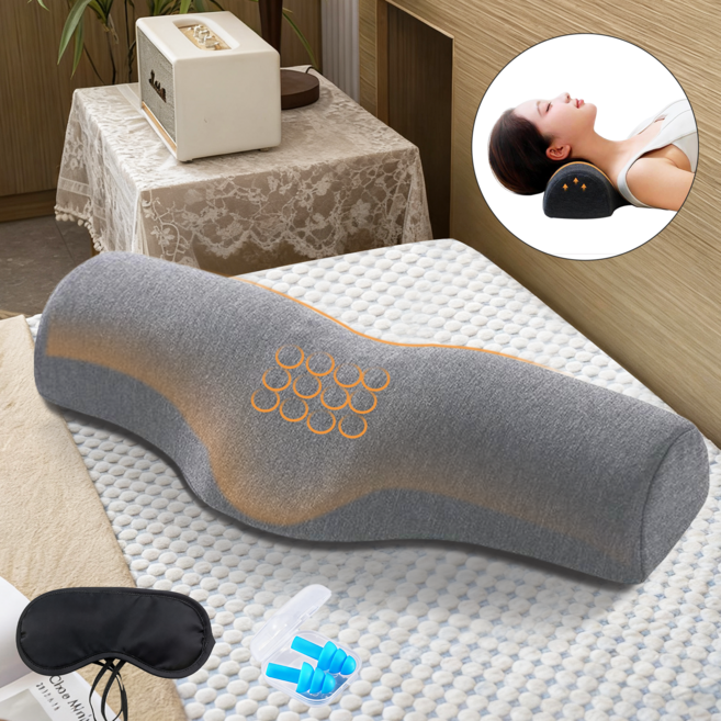 KEMEI 거북목 경추 베개 메모리폼 경추베개 일자목 교정 숙면 마사지 베개 증정 수면안대 귀마개, 1개, 그레이