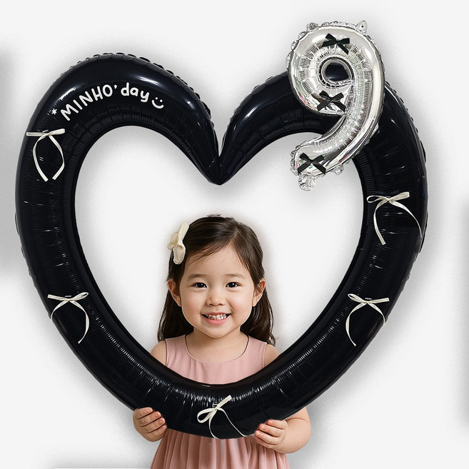 올리브파티 발레코어 리본 숫자 풍선 하트프레임 자유레터링 생일파티용품세트, 9, 1세트, 블랙하트풍선