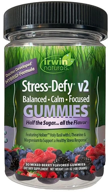 Irwin Naturals Gummies Stress-Defy v2 균형 잡힌 진정 및 집중력 강장제 및 식물성 스트레스 지원 젤리 30개, Irwin Naturals Gummies Stress- - 쿠팡