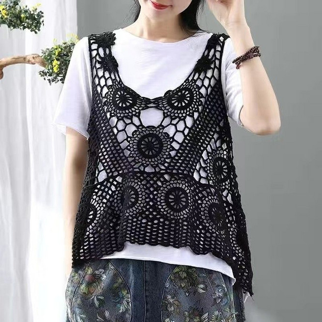 여성 빅사이즈 니트조끼 그물 니트베스트 망사조끼(끈 민소매 포함)