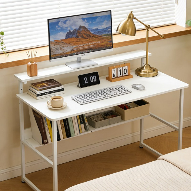 컴퓨터 책상 수납 선반 포함 가정용 책상 사무용 공부 책상 모던 심플 책상 안정적인 다용도 테이블, 화이트