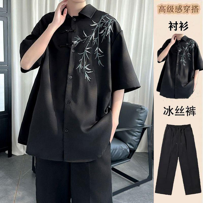 國潮唐裝襯衫 夏季薄款改良漢服短袖新中式襯衣男