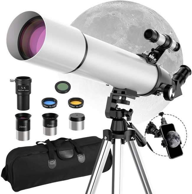 (30배-750배)입문 고배율 천문 우주 망원경 성인용 80mm 조리개600mm 초점 거리 굴절 천체망원경 접안렌즈 3개 바로우 렌즈 5배 3개 필터 휴대폰 홀더, 1개, 30-750