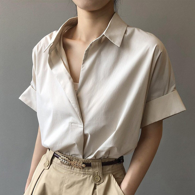 POMTOR 여성 여름 셔츠 루즈핏 오피스룩 반팔 블라우스