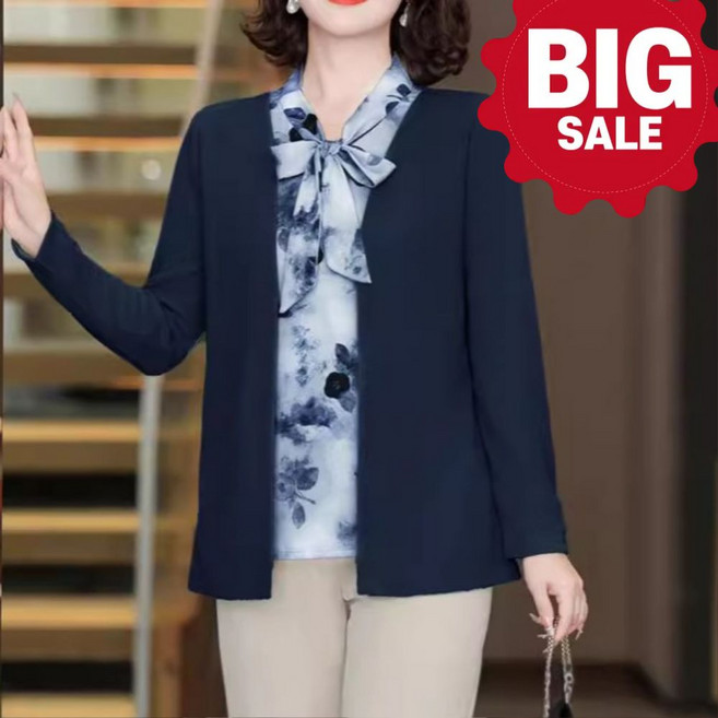 ENUKY 중년 여성 리본 일체형 가디건 레이어드 긴팔티