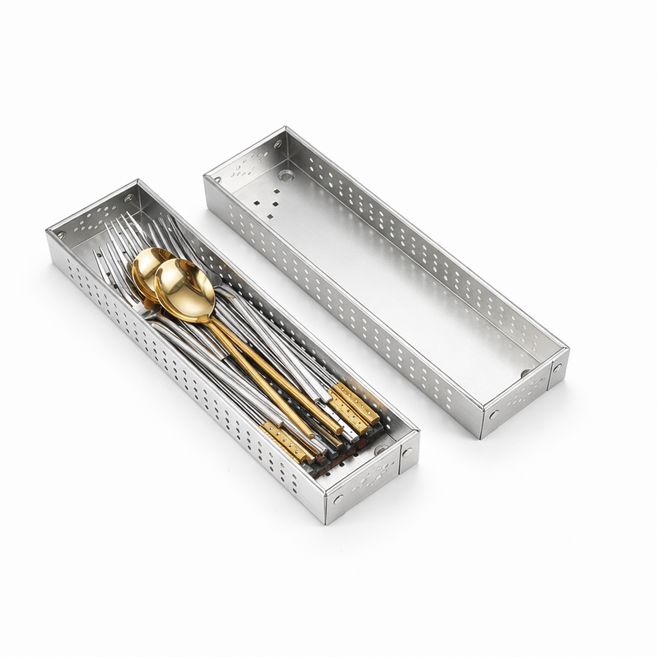 아이레노 물빠짐 스텐 수저 트레이 배수 구조 스테인리스 주방 수저 정리함 씽크대 식기 건조대, 실버 소형, 1개