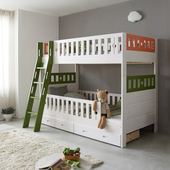 파로마 블랑 원목 분리형 이층침대 경사형 서랍_견면매트리스 포함, 워시+그린+오렌지