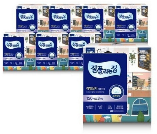 잘풀리는집 스퀘어 미용티슈 150매 3입 x 8팩(24개), 150매입, 24개