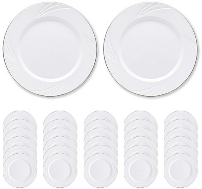 쓱싹 고급 일회용 플라스틱 원형 화이트 실버라인 접시 대 23cm, 24개입, 1개