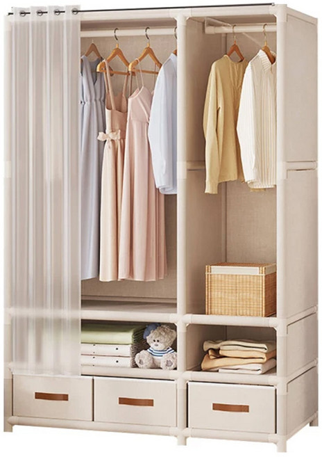 簡約衣櫥 雙層收納 附拉簾 組合衣櫃 109x45x166.5cm, 暗夜黑