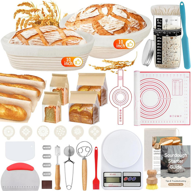 사워도우 바네통 10인치 원형 타원형 2종 세트 25cm 대형 천연 라탄 발효 바구니 면라이너 포함 캄파뉴 바타르, Rattan Proofing