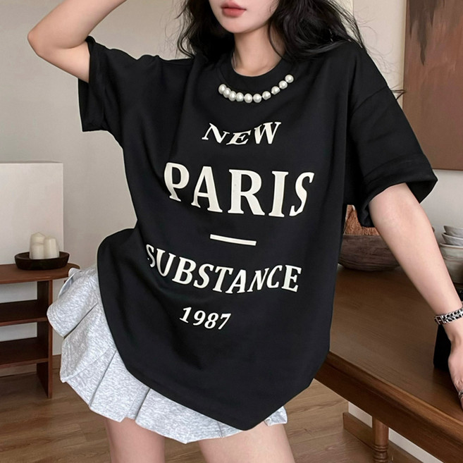 대박난박양 진주장식 레터링 반팔티