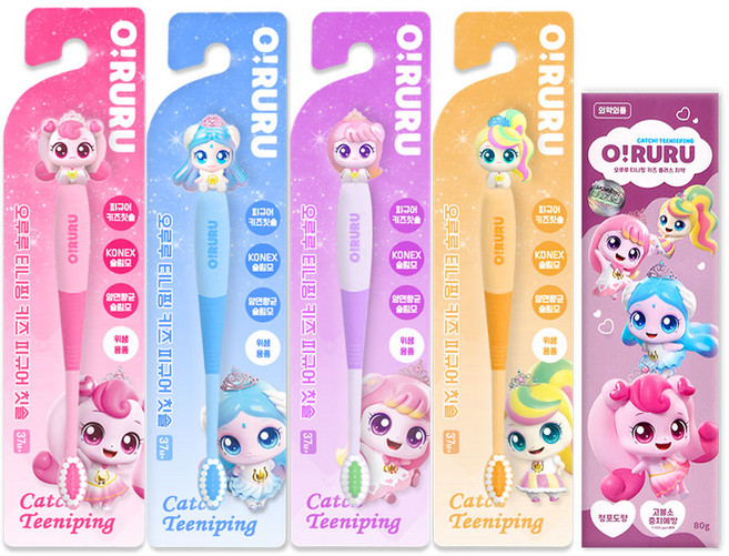 프린세스 캐치티니핑 피규어 칫솔 4종 + 티니핑 고불소 치약, 하츄핑+사뿐핑+아름핑+뽀니핑, 1세트, 1개입