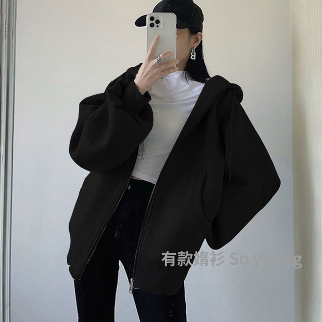 So young 連帽拉鍊外套 女款寬鬆休閒帽T 大學T恤 韓款簡約長袖上衣 時尚百搭