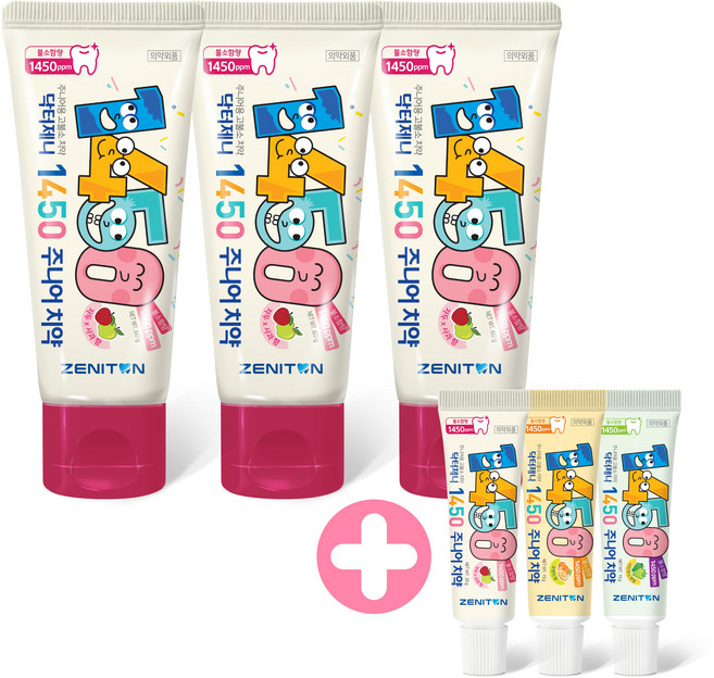 제니튼 닥터제니 충치예방 1450 치약 3 SET (자두사과/오렌지/샤인머스켓/라즈베리/복숭아) + 미니치약 3개, 60g, 자두사과3