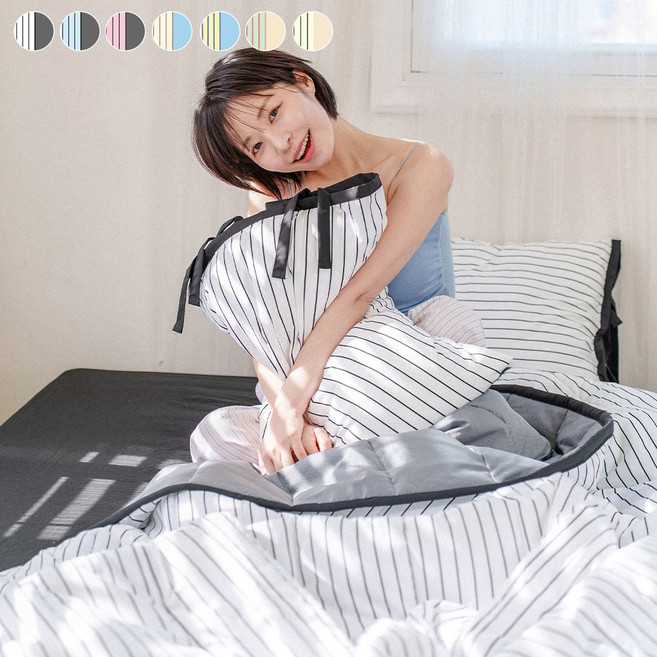 믹스앤매치 에센셜 스트라이프 듀라론 냉감 여름 누비이불 리본베개세트 SS/Q 7컬러