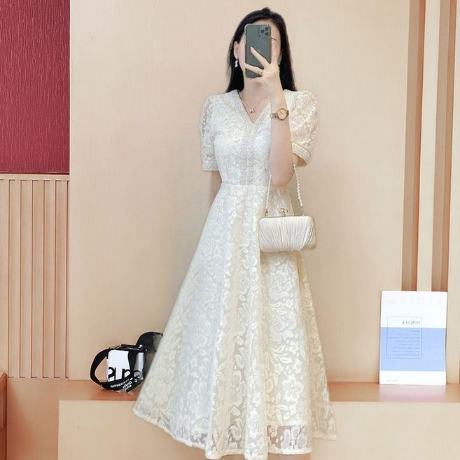 DFMEI 高級感顯白修身連衣裙女夏季流行新款收腰顯瘦蕾絲A字連衣裙, M 建議90-105斤