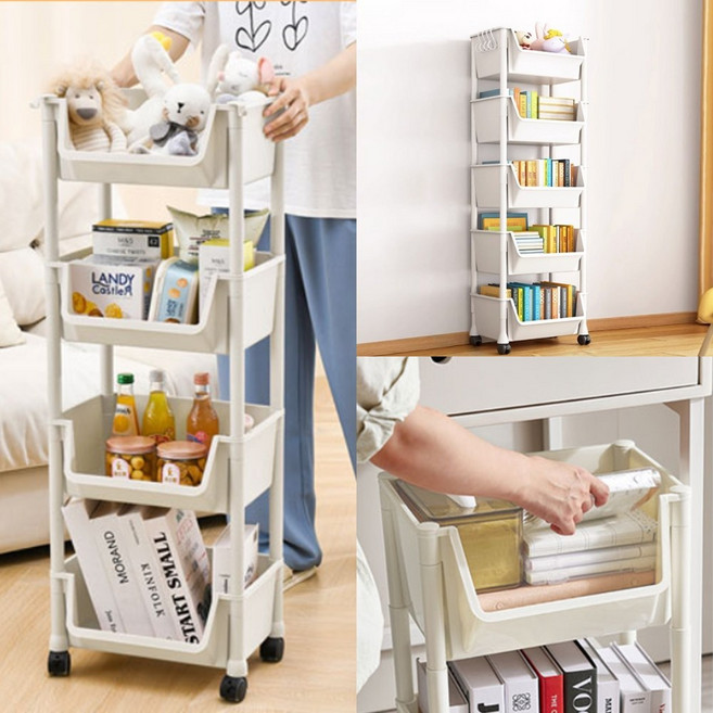 이동식 책 북 트롤리 카트 책꽂이 선반 수납함 틈새 장난감 바퀴달린 3 4 5 단, 5단