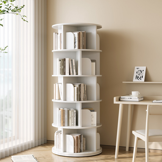 KURUA 학생 대용량 원형 책장 거실 서재 회전형 책꽂이, 흰색, 5단