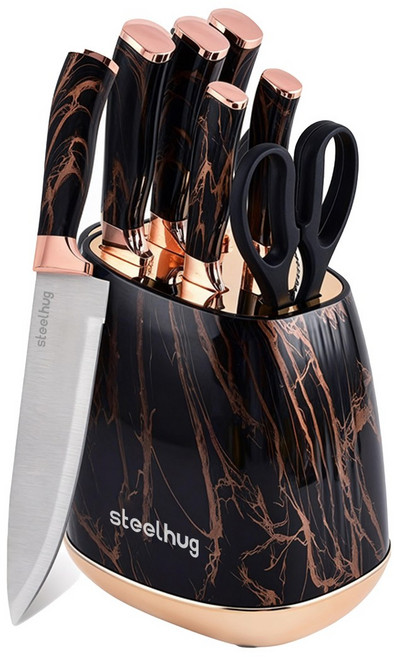steelhug 주방 칼 7종 세트 중식도+식도+빵칼+만능칼+과도+가위+칼블럭, 1세트, 블랙골드