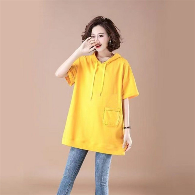 besteffie 여성 빅사이즈 여름 후드 티셔츠 캐주얼 면혼방 빈티지 포켓 디자인 K97