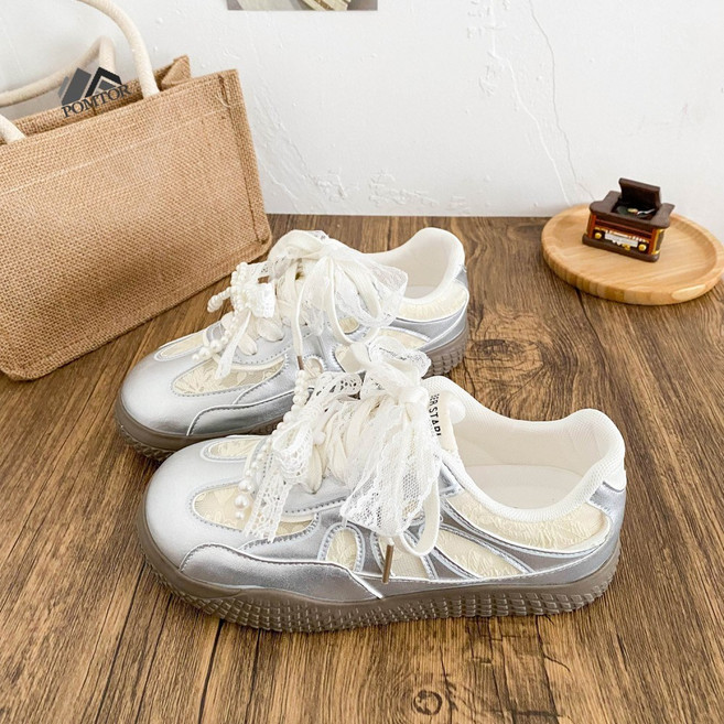 POMTOR 여성 레이스 리본 여성 스니커즈 데일리 운동화