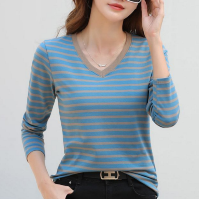 MS HOME 여성 스트라이프 브이넥 티셔츠 긴팔 캐주얼