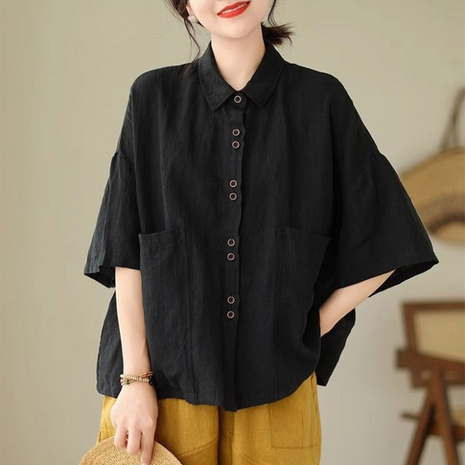 TKX 여성 린넨 면 혼방 반팔 앞포켓 단추 데일리룩 캐주얼 기본 스타일 복고풍 베이직 탑