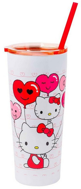 Silver Buffalo Sanrio 헬로 키티와 친구들 마이 멜로디 딸기 도넛과 밀크쉐이크 패턴 플라스틱 콜드 컵 뚜껑과 빨대 포함 591.5ml(20온스), Hello Kitty Heart Balloons