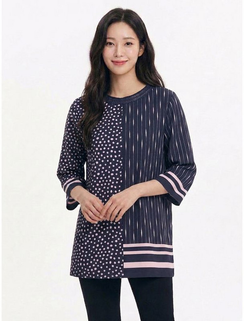크로커다일레이디 네이비 도트프린트 라운드 티셔츠 CLCMTS111