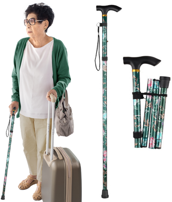 에버리즈 접이식 초경량 어르신 길이 조절 꽃무늬 효도 지팡이, 1개, 초록꽃 지팡이