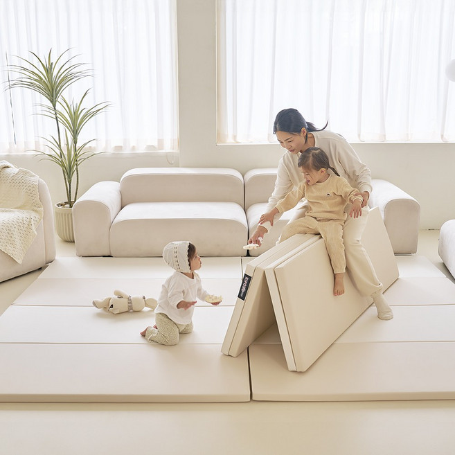리포소홈 층간소음 안심 4단 폴더매트 아기 유아 거실 놀이방, 아이보리+베이지(배색)