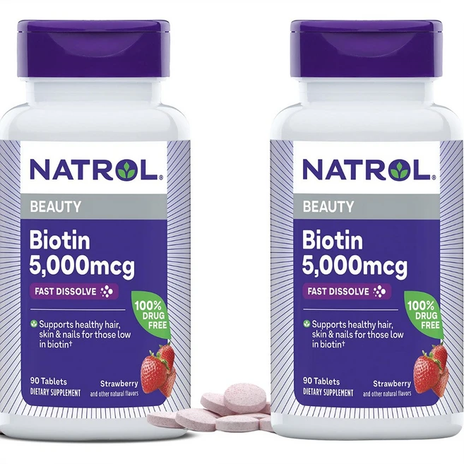 Natrol 비오틴 5000mcg 건강한 머리카락 피부 손톱 바이오틴 딸기맛 2세트 미국산, 2개, 90정 - 쿠팡