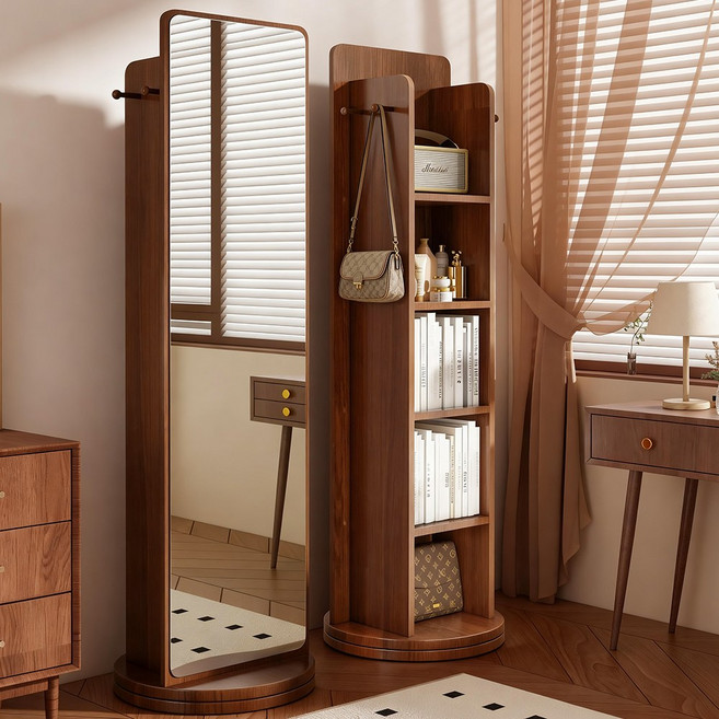 키스미스 전신거울 회전식 옷걸이행거 수납장 스탠드 거울, 브라운