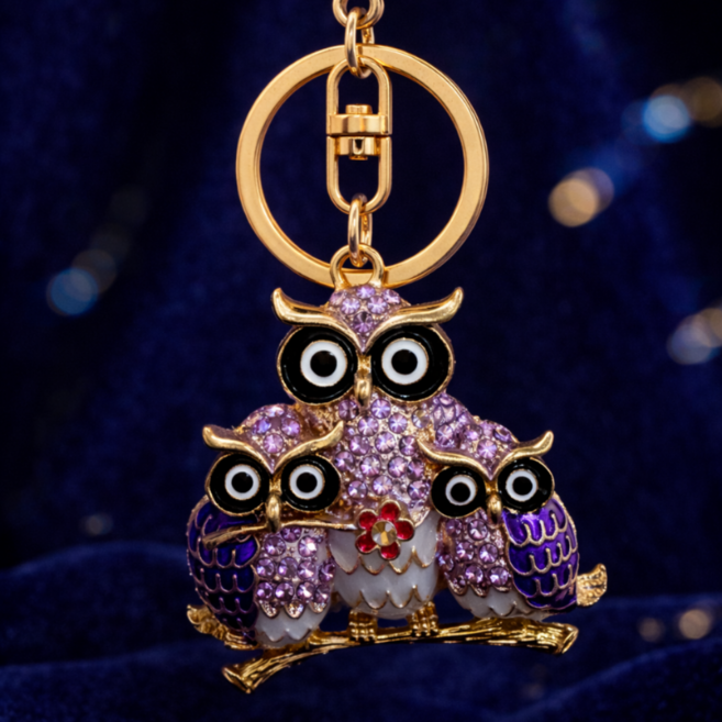 앳더트리 행운 큐빅 키링 키홀더 럭셔리 빽꾸 열쇠고리, 1개, 삼복 부엉이 키링(보라)