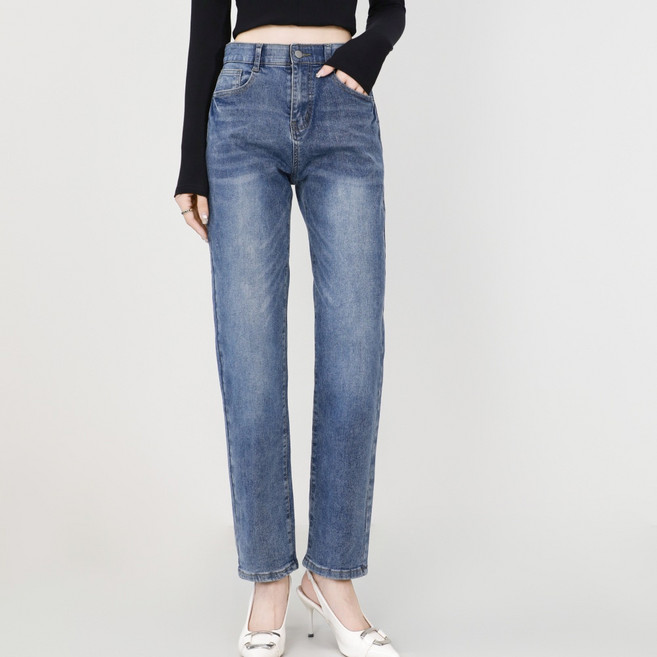 리치블랑 여성 사방스판 허리밴딩 노수선 배기 청바지 (2단기장)