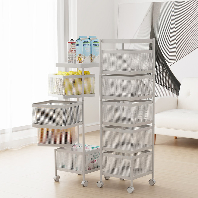 Kleeno 다목적 철제 이동식 수납 트롤리 회전 트롤리 주방 욕실 베란다 트롤리 장난감 트롤리, 흰색, 5단