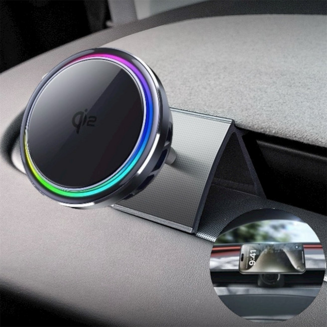 세상의모든제품 테슬라 모델Y주니퍼 모델3하이랜드 차량용 Qi2 맥세이프 아이스 쿨링 LED 무선충전기 + 심플 마운트 거치대, Qi2맥세이프 무선충전기+심플 마운트 블랙