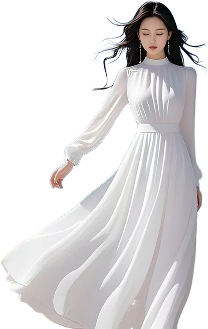 셀럽당솔리드 원피스 쉬폰 긴팔 롱스커트 봄가을 진자락 스커트