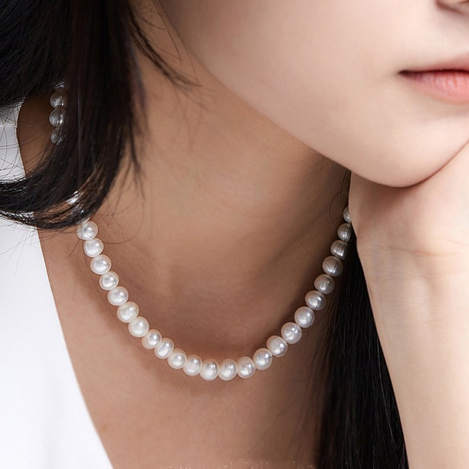 담수진주 목걸이 8mm 기본 클래식 스타일 자체제작 내추럴 천연진주 여자 실버 주얼리 43cm