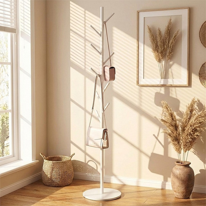 베랄룰 튼튼한 나무형 스탠드 옷걸이 행거 가방걸이 모자걸이 옷장 철제 미니 원판형 행거 32*170CM, 화이트