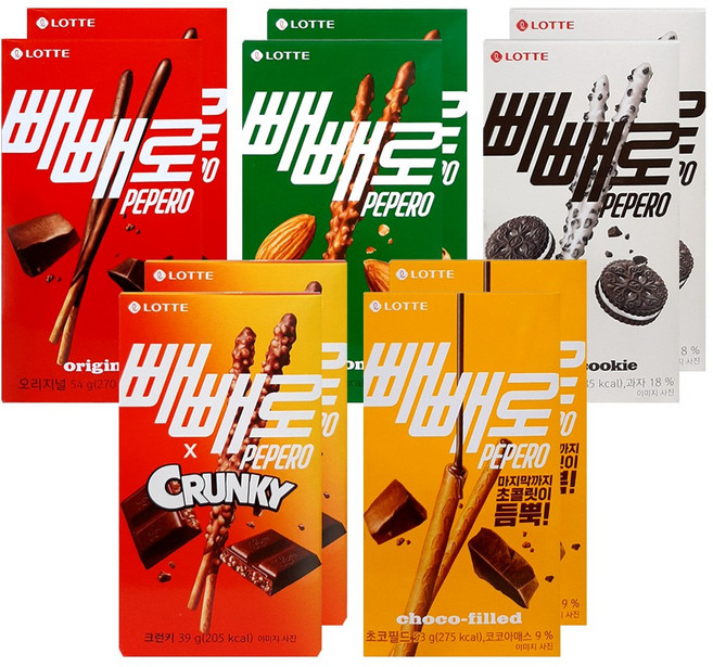 롯데웰푸드 빼빼로 5종 2개씩 (초코 오리지널54g+아몬드37g+화이트쿠키37g+크런키39g+초코필드53g), 1개