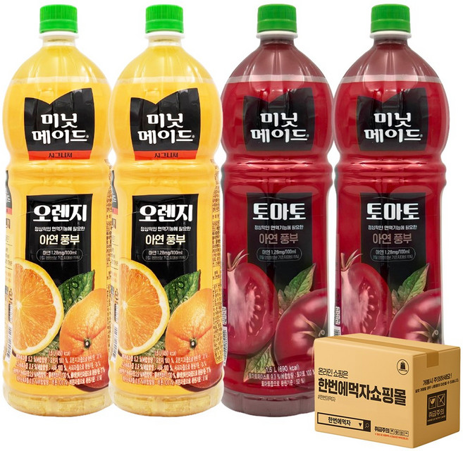 [한번에먹자] 과즙음료 1.5L 2종 혼합세트 ( 미닛메이드 오렌지 + 미닛메이드 토마토 ) 사무실음료 가정용 과일음료 대용량 식자재 오렌지주스 토마토주스, 4개
