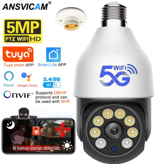 5MP 5G WIFI 전구 카메라 TUYA 스마트 라이프 PTZ 야외 캠 Alaxa Google 홈 나이트 비전 인간 감지 방수, 06 5MP None Card