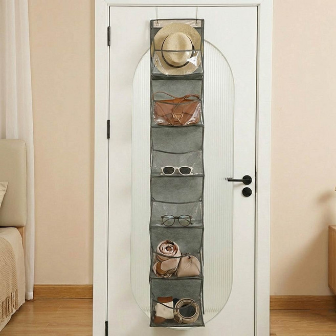 슈가라인 무타공 문걸이 수납함 투명 포켓 가방 정리함, 1개, 그레이 6단