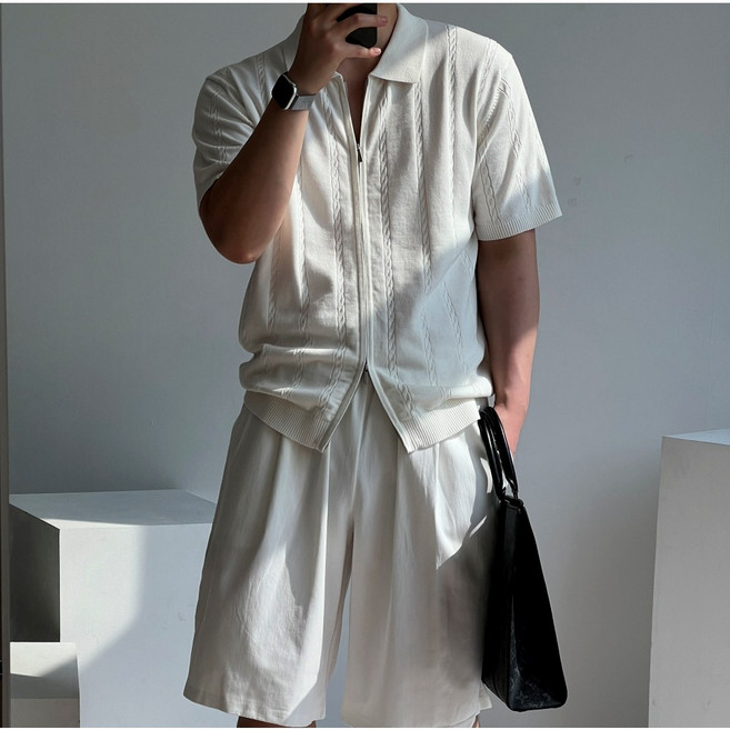 밸류젯 남자 여름 꽈배기 카라 반팔 니트 가디건 레귤러핏