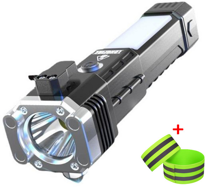 고휘도 손전등 미니 휴대용 서치라이트 후래쉬 후라시 슈퍼 밝 충전식 자동차 안전 망치 자동차 다기능 토치 4 1 자동차 창 깨기, 블랙, 1개